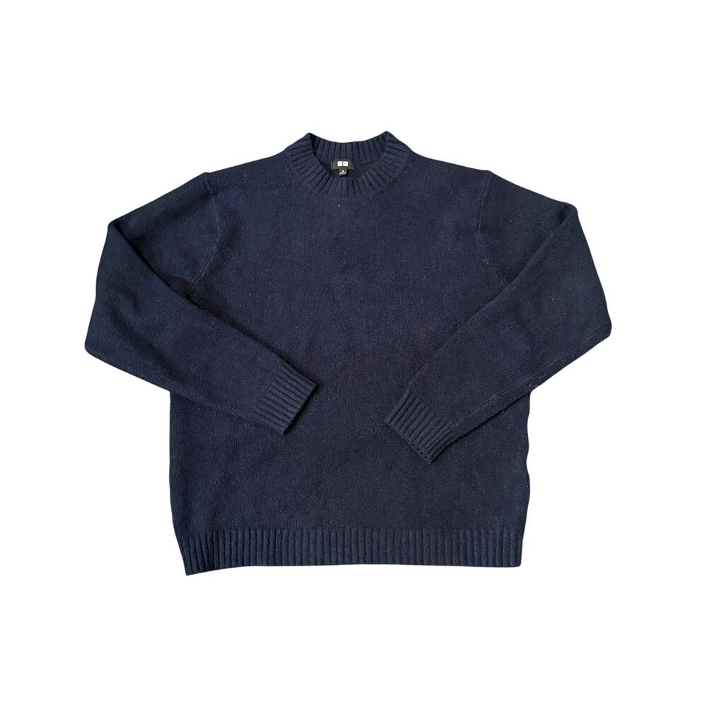 Uniqlo Men Navy Blue Wool Blend Mock Neck Sweater Minimalist Preppy Medium Fall